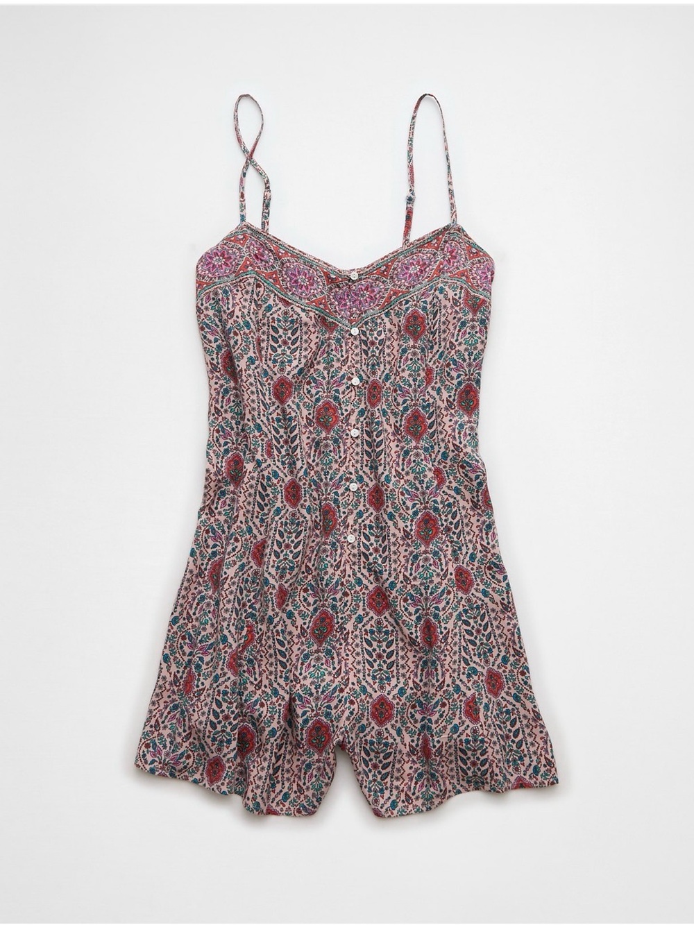 American Eagle Outfitters Pink Floral Paisley Romper with Teal Accents